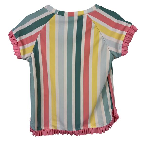 RuffleButts Rainbow Stripe Rash Guard Girls, Ruffle Trim, Swim Top, 2T-3T - Picture 2 of 8